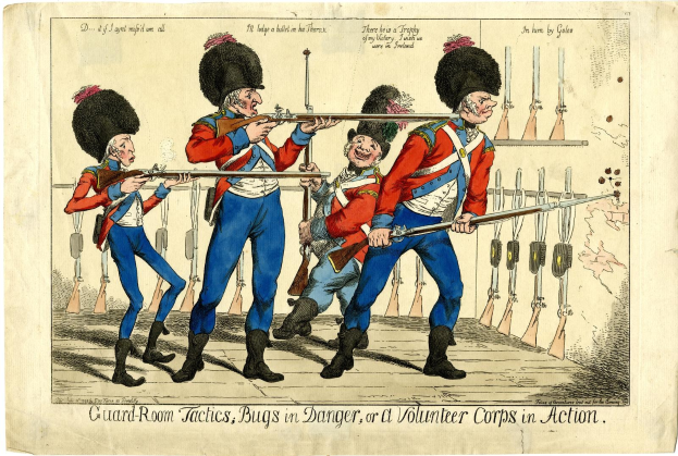 Cartoon von bewaffneten Uniformierten, die in einem Wachraum stehen mit Text 'Wachraum-Taktik, Käfer in Gefahr oder ein Freiwilligenkorps in Aktion' unten.