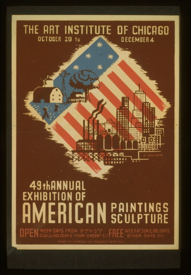 Plakat für die 49. Jahresausstellung des Art Institute of Chicago für Amerik. Malerei und Skulptur mit Text und exhibitionellen Bildern.