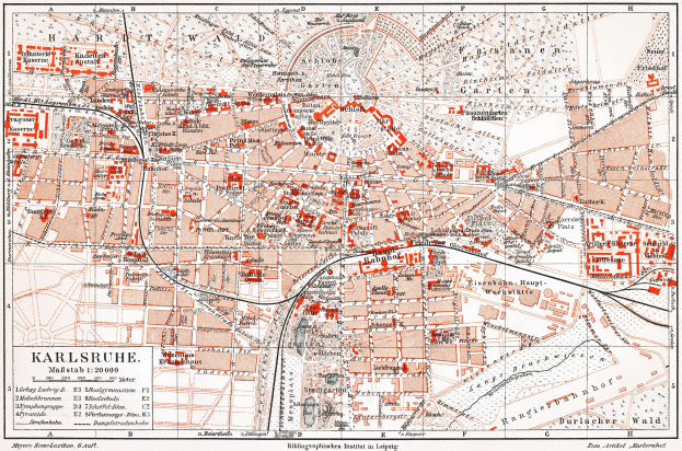 Alte Karte von Karlsruhe, Deutschland aus dem Jahr 1900, die detaillierte Stadtplanung mit Textanmerkungen zeigt.
