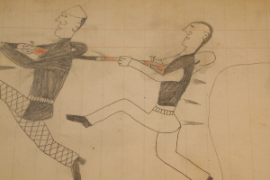 Eine Zeichnung von zwei Männern, die Baseball spielen, wobei einer einen Schläger hält und der andere läuft, beide mit entschlossener Miene.