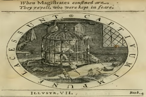 Altes Buch mit einer detaillierten Illustration eines Vogels in einem prunkvollen Käfig, umgeben von verschiedenen Tieren, einem Fenster und dekorativem Text.