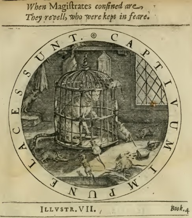 Altes Buch mit einer detaillierten Illustration eines Vogels in einem prunkvollen Käfig, umgeben von verschiedenen Tieren, einem Fenster und dekorativem Text.