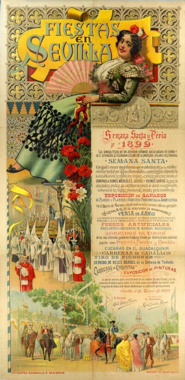 Plakat für eine Fiesta in Sevilla, Spanien, mit einer Frau in traditioneller Kleidung umgeben von Menschen, Pferden, Bäumen und Blumen sowie Veranstaltungstext.