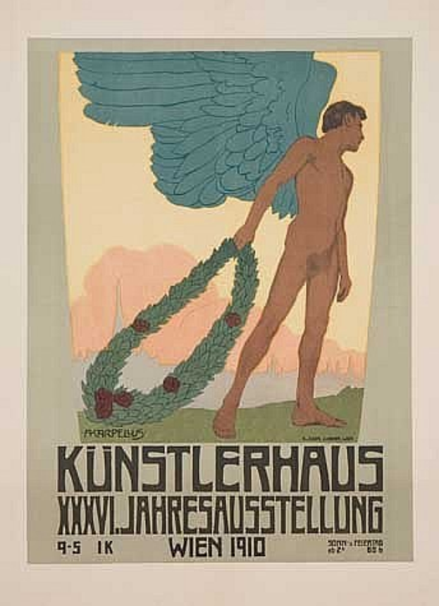 Deutsches Propagandaplakat aus dem Jahr 1910 mit einem geflügelten Mann in heroischer Pose, der einen Kranz hält, mit der großen Aufschrift "Künstlerhaus Wien 1910" oben.