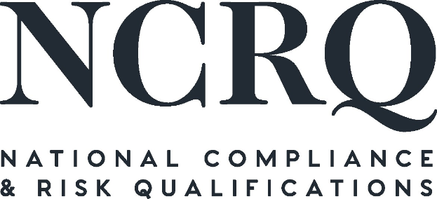 Weißer Hintergrund mit zentralem fetten schwarzen Text "National Compliance & Risk Qualifications" in einer modernen Schriftart, umrandet von einem dünnen schwarzen Rand.