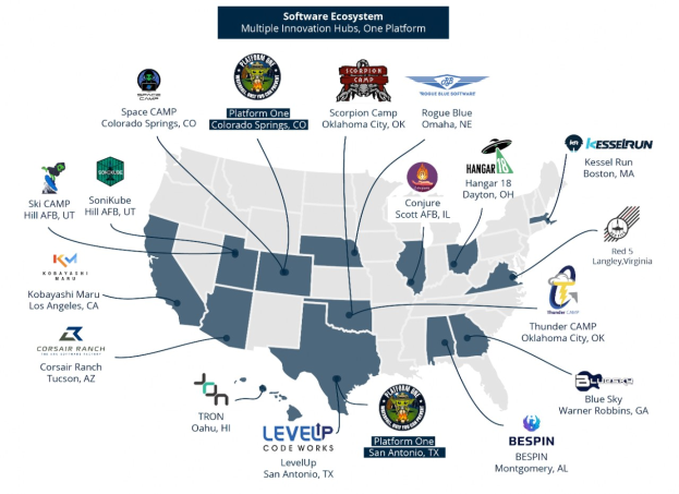 Eine Karte der Vereinigten Staaten, auf der Unternehmenslogos und Texte die Standorte des Software-Ökosystems angeben.