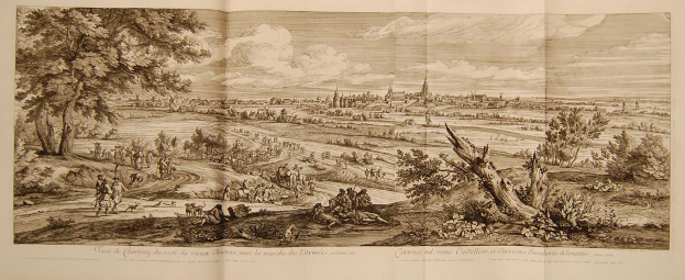 Offenes Buch mit der Aufschrift 'Ansicht der Schlacht von Castellum und Castellium aus der Illustrated London News', das eine Landschaft mit einer Gruppe von Menschen im Vordergrund, Bäumen, Pflanzen, Gebäuden im Hintergrund und Wolken am Himmel zeigt.