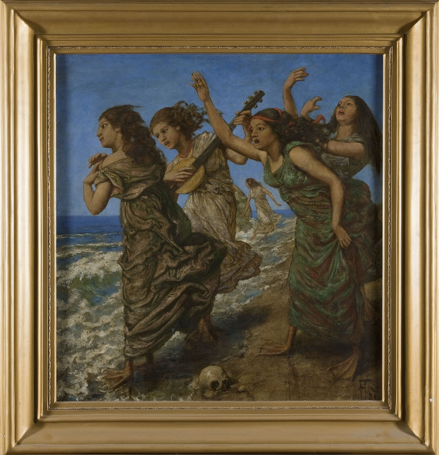 Gemälde von Frauen am Strand mit einer, die ein Musikinstrument hält, in einem klassischen Photo-Frame.