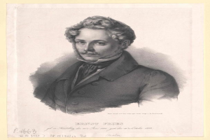 Schwarzes und weißes Porträt von Ernst Frühls, einem deutschen Komponist und Pianisten, der einen Anzug trägt und einen Schnurrbart hat, mit einem ernsten Gesichtsausdruck, begleitet von deutschem Text unten.