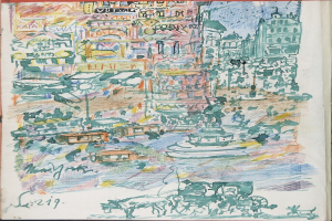 Ein Buchumschlag mit einer detaillierten Illustration einer belebten Stadtlandschaft mit Geb├Ąuden, Fahrzeugen, Menschen, einem Brunnen und Text.