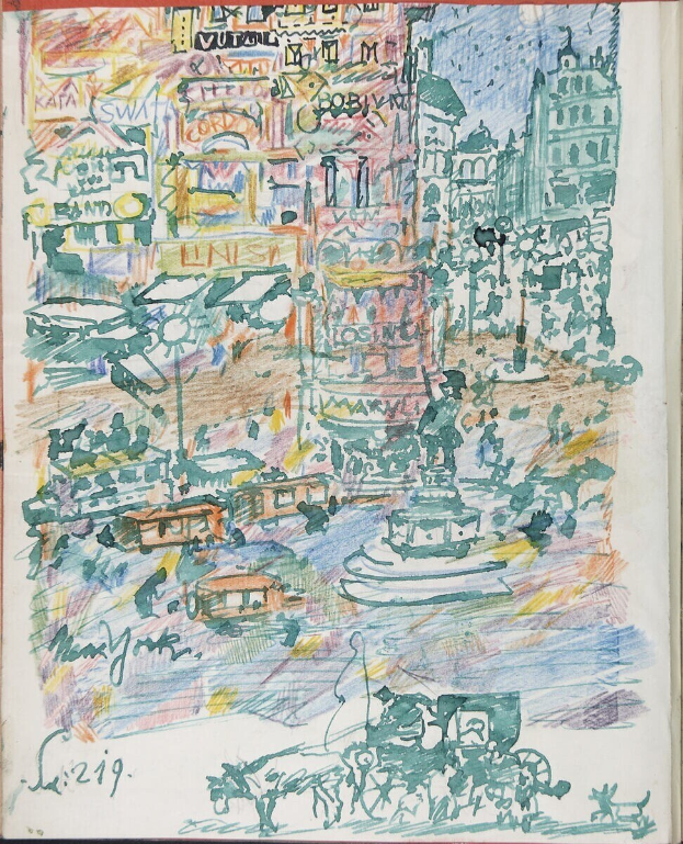 Ein Buchumschlag mit einer detaillierten Illustration einer belebten Stadtlandschaft mit Geb├Ąuden, Fahrzeugen, Menschen, einem Brunnen und Text.