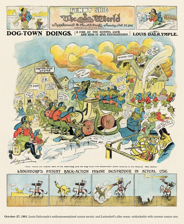 Ein Cartoon auf Papier zeigt eine feuerumzingelte hundeförmige Stadt mit einem menschlichen Gesicht in der Mitte, begleitet von erklärendem Text.