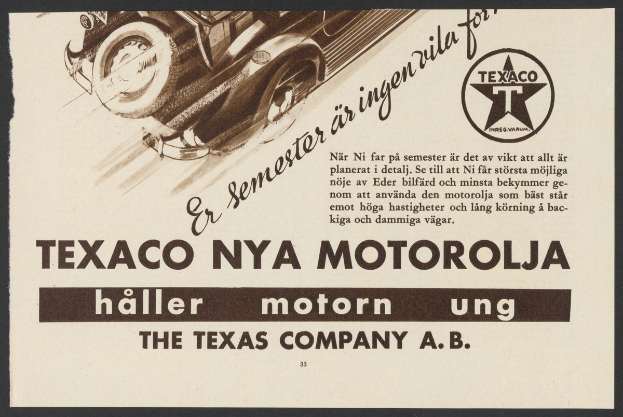 Ein Plakat, das die Texas Company A.B. Motorola bewirbt, zeigt ein Auto in der Mitte mit umgebendem Text.