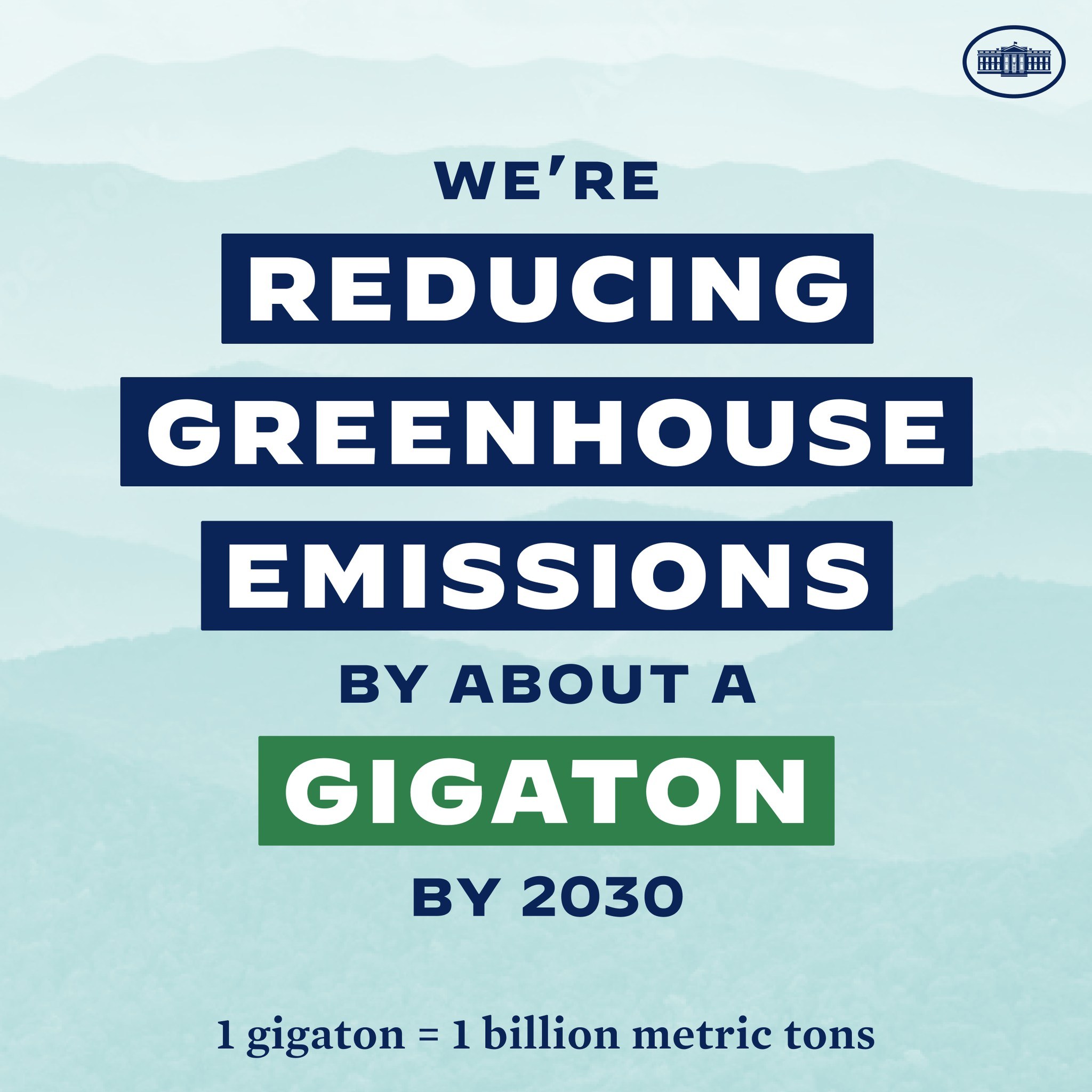 Plakat mit Text und Logo, auf dem "Wir reduzieren die Treibhausgasemissionen um etwa eine Gigatonne bis 2030" steht, setzt sich für eine signifikante Reduzierung der Treibhausgasemissionen bis 2030 ein.