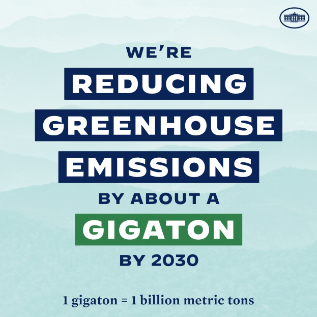 Plakat mit Text und Logo, auf dem "Wir reduzieren die Treibhausgasemissionen um etwa eine Gigatonne bis 2030" steht, setzt sich für eine signifikante Reduzierung der Treibhausgasemissionen bis 2030 ein.