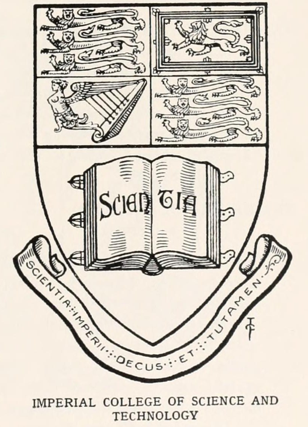 Logo der Imperial College London mit einem aufgeschlagenen Buch mit dem Universitätswappen auf einer Seite und fettem Text auf der anderen, umgeben von einem dekorativen Rahmen.