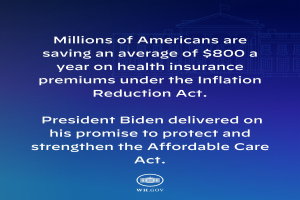 Blauer Hintergrund mit weißer Schrift, die besagt, dass Millionen von Amerikanern durchschnittlich $800 im Jahr an den Gesundheitsversicherungsprämien unter dem Inflation Reduction Act sparen, mittig mit einem Logo.