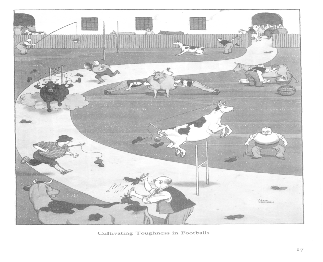 Schwarze und weiße Illustration von Menschen und Tieren auf einem Feld mit einer Wand und Fenstern im Hintergrund, darunter der Text "Zähmung der Fußballtoughness".