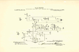 Seite aus einem Buch mit dem Titel "US-Patent 1,274,514 - Signal-System", die ein detailliertes Schaltbild mit beschrifteten Bauteilen wie Widerständen, Kondensatoren, Transistoren und Dioden zeigt, die durch Linien und Pfeile verbunden sind.
