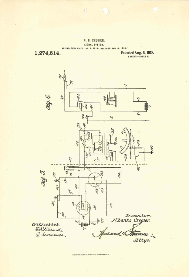 Seite aus einem Buch mit dem Titel "US-Patent 1,274,514 - Signal-System", die ein detailliertes Schaltbild mit beschrifteten Bauteilen wie Widerständen, Kondensatoren, Transistoren und Dioden zeigt, die durch Linien und Pfeile verbunden sind.