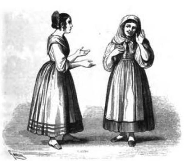 Zwei Frauen in 19. Jahrhundert-Kleidern, die stehen und sich unterhalten, mit Text unten, der "Frauen des 19. Jahrhunderts" lautet.