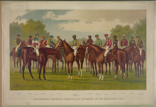 Gruppe von Menschen, die auf Pferden reitet, auf einer grünen Wiese mit Bäumen und einem blauen Himmel, Text unten lautet "Feiernder Siegerpferde und Jockeys der amerikanischen Wiese".