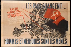 Ein Plakat, das eine Europa-Karte mit einem Hammer und einer Sichel zeigt und den Text "Hommes et Métodes sont les Memes".