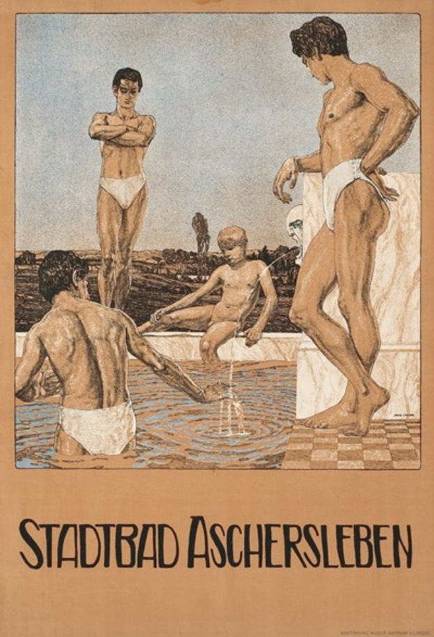 Plakat, das ein Schwimmbad in Aschersleben, Deutschland, bewirbt und Menschen im Wasser zeigt sowie Text über die Annehmlichkeiten des Schwimmbads.