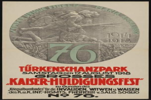 Plakat zum 70. Jahrestag des Kaiser-Huldigungsfestes in Berlin, Deutschland, mit einer Gruppe von Menschen umgeben von Text und Zahlen in einem gerahmten Design.