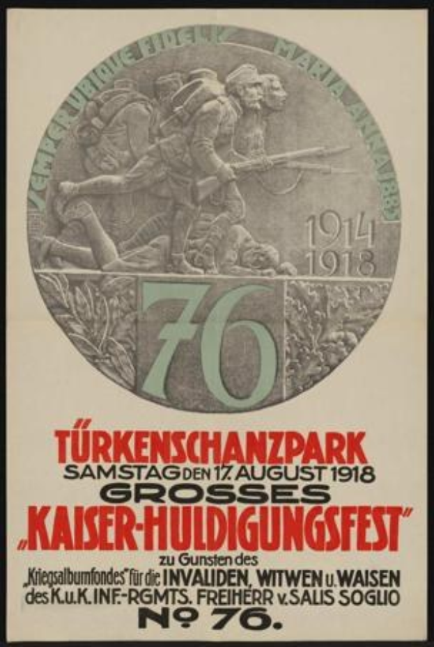 Plakat zum 70. Jahrestag des Kaiser-Huldigungsfestes in Berlin, Deutschland, mit einer Gruppe von Menschen umgeben von Text und Zahlen in einem gerahmten Design.