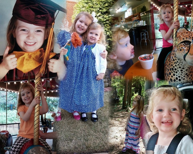 Collage mit lustigen Fahrgeschäften, Kindern, einem Tisch mit Speisen, Besteck, Lichtern, Naturlementen und diversen Gegenständen.