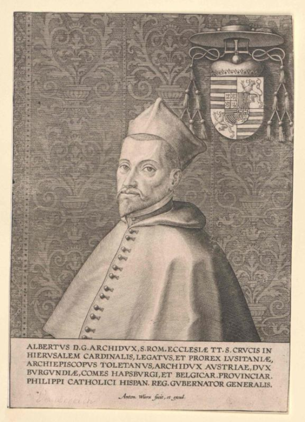 Gravur eines Mannes in Priestergewand und Hut, beschriftet mit Albrecht D., im Hintergrund ein Wappen und unten der Text "Erzbistum".