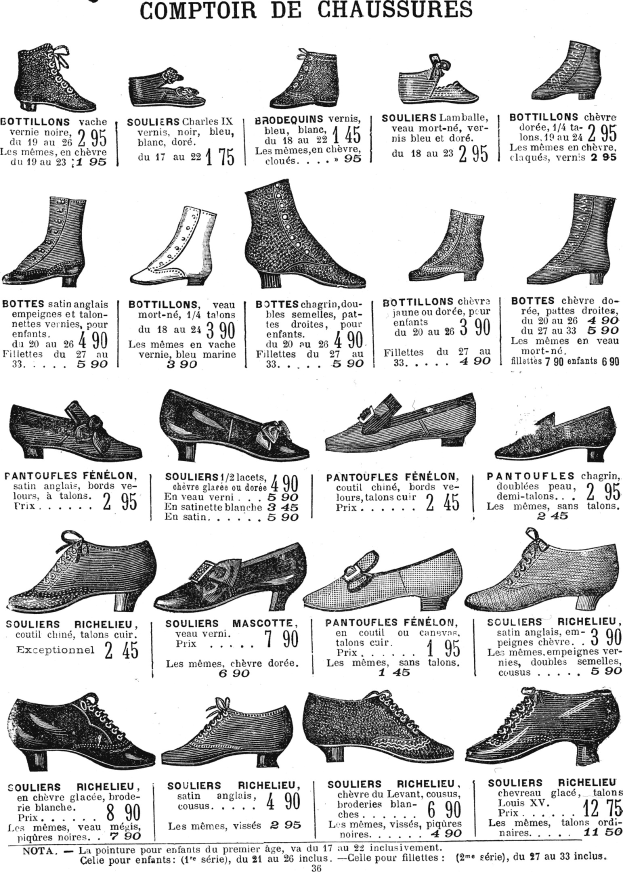Eine Buchseite mit verschiedenen Damenschuhen mit einzigartigen Designs, Preisschildern und detaillierten Informationen zur Größe, Form und Farbe, ordentlich angeordnet.