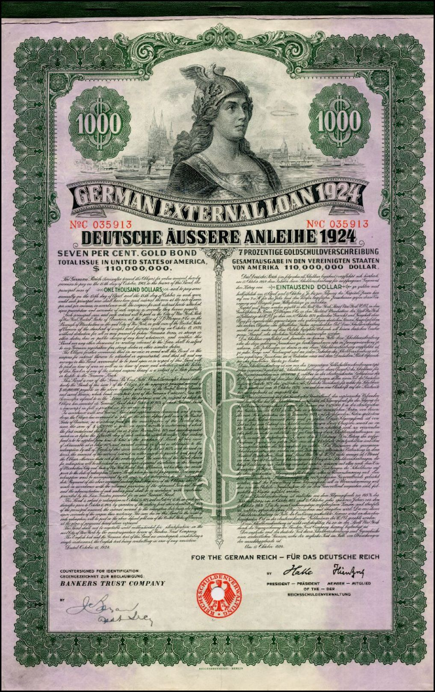 Deutsches Auslandsdarlehen-Zertifikat von 1924 mit einem Porträt einer Frau, mit gedrucktem Text und numerischen Nennwertmarkierungen.