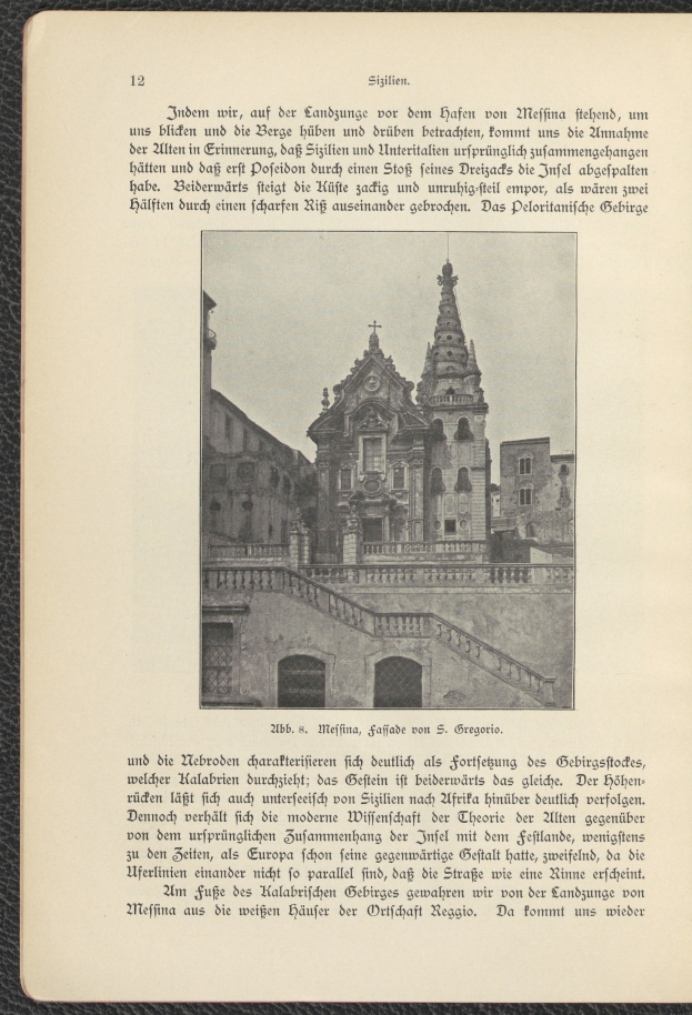Altes Buch mit einer Illustration eines Gebäudes umgeben von Text, das ein historisches Gefühl vermittelt.