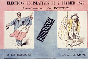 Ein Plakat mit zwei Personen, eine im Anzug mit einer entschlossen aussehenden Person, die eine Fahne hält, mit dem Text "Élections Législatives du 2 Février 1879".