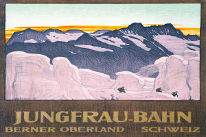 Ein Plakat mit einer Berglandschaft in der Berner Oberland, Schweiz, mit ein paar Menschen im Vordergrund und Textinformationen zur Jungfrau-Bahn.