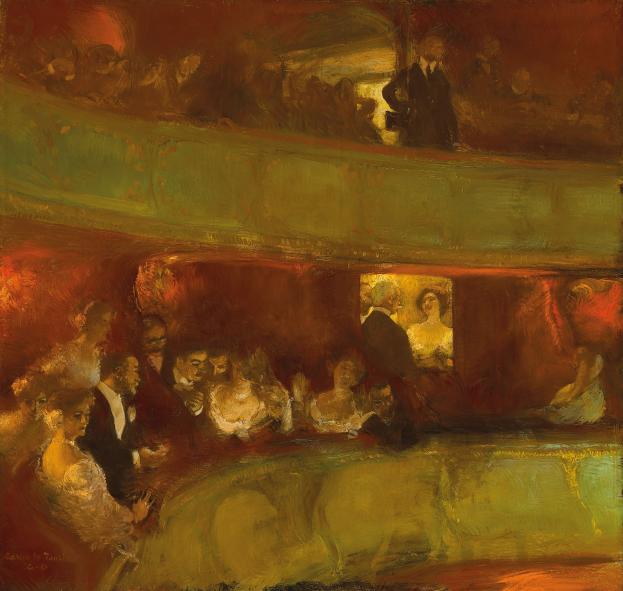 Gemälde einer lebendigen TheaterSzene mit Menschen in Abendgarderobe, einige stehend und einige sitzend, unter heller Beleuchtung an neutralfarbenen Wänden.