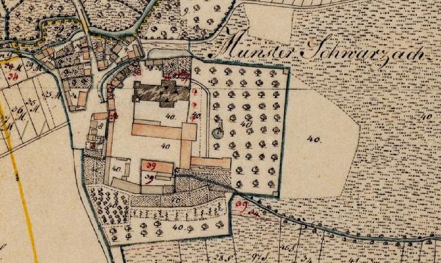 Alte detaillierte Karte von München, Deutschland, die die Stadt Schwarzach in der Mitte hervorhebt, mit sichtbaren Straßen, Gebäuden und historischen Textanmerkungen.