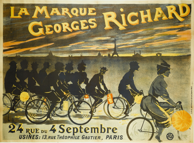 Plakat für ein Fahrradrennen in Paris mit einer Gruppe von Radfahrern und dem Eiffelturm im Hintergrund.