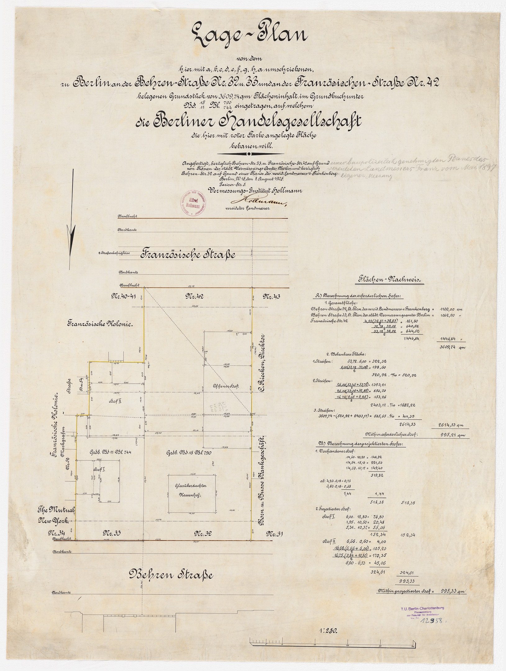 Altes Dokument mit detailliertem Grundriss der Berliner Handelsgesellschaft, mit handgeschriebenem Text und einem Stempel links im Randbereich.
