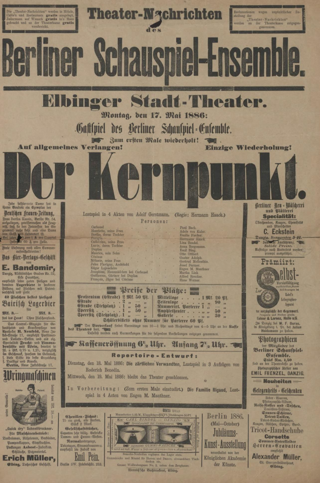 Eine alte Zeitungsannonce für das Berliner Schauspiel-Ensemble, die einen Mann in Anzug und Krawatte zeigt, mit beschreibendem Text zum Ereignis.