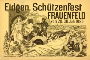 Ein Vintage-Plakat bewirbt das Eidgen Schützenfest in Frauenfeld, Deutschland, mit einem Mann in einem Anzug und einer Frau in einem Kleid nebeneinanderstehend und mit Veranstaltungstext darauf.