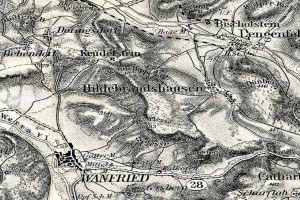 Alte detaillierte Karte von Wannfried, Deutschland, mit Straßen, Gebäuden und anderen Merkmalen mit Textanmerkungen.
