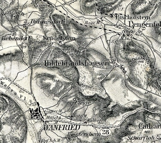 Alte detaillierte Karte von Wannfried, Deutschland, mit Straßen, Gebäuden und anderen Merkmalen mit Textanmerkungen.