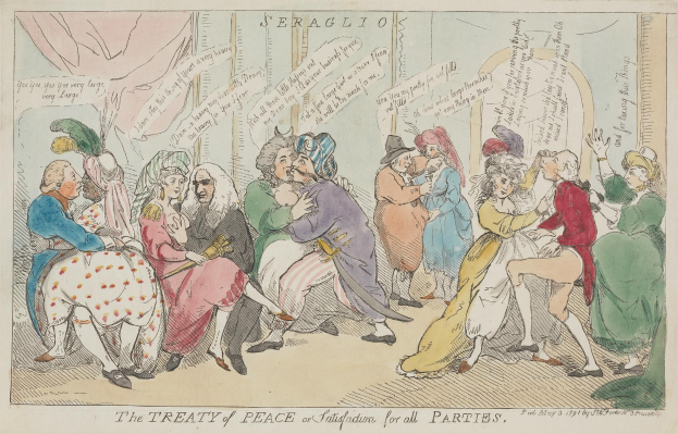 Ein Blatt Papier mit einer Zeichnung von sitzenden und stehenden Menschen, beschriftet mit "Der Friedensvertrag für alle Parteien", was eine Diskussion über den Vertrag suggeriert.