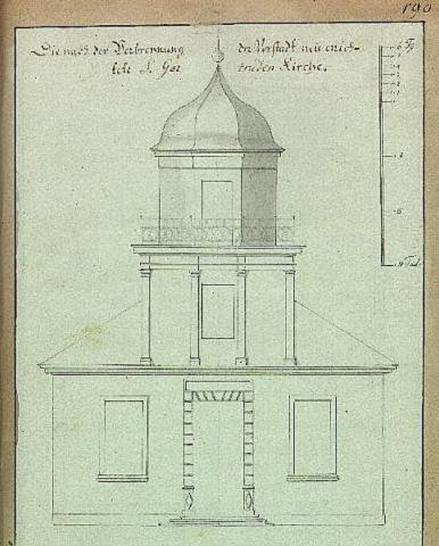 Ein Buch mit einer Zeichnung der Kirche des Heiligen Grabes in Berlin, Deutschland, mit begleitendem Text.