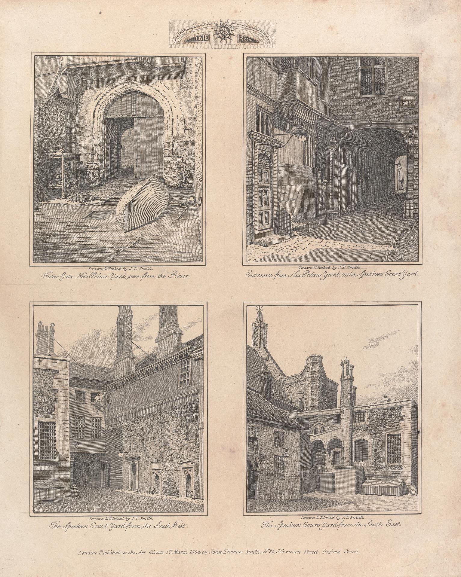 Vier detaillierte architektonische Zeichnungen von Gebäuden mit sichtbaren Fenstern, Türen und Details, begleitet von beschreibendem Text.