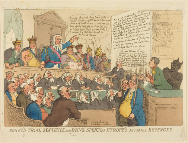 Cartoon-Illustration einer Gerichtsszene mit einem zentralen stehenden Mann, sitzenden Figuren, einem Tisch mit Gegenständen auf der rechten Seite und dem Text "Boney's Trial, Sentence and Dying Speech Europe's Injuries Revenged" unten.