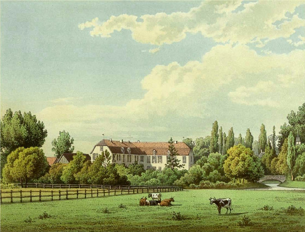 Bild: Kühe grasen auf einer Wiese mit einem hölzernen Zaun, Bäumen, Gebäuden, einer Brücke und einem bewölkten Himmel, mit der Beschriftung "Kühe auf der Weide in Wiesbaden, Deutschland" unten.